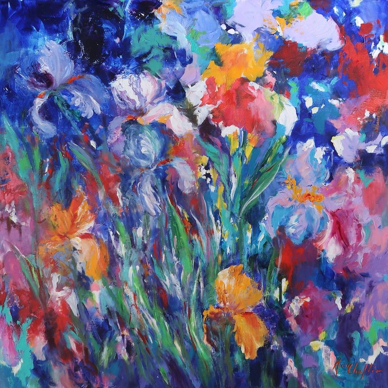 Mary Chaplin Still-Life Painting - Irises in the Spring Breeze - abstract expressionist gesture study flowers flora
