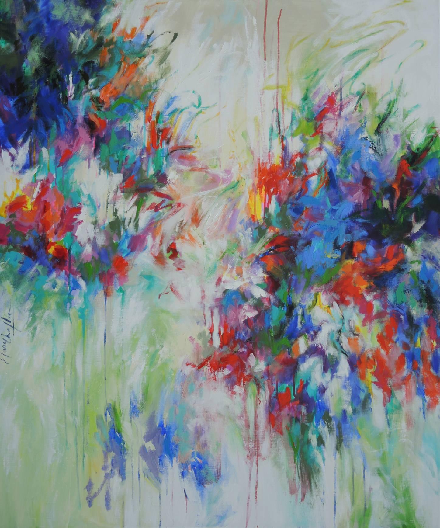 Mary Chaplin Still-Life Painting - It Rained in May, a floral abstract painting with colour 