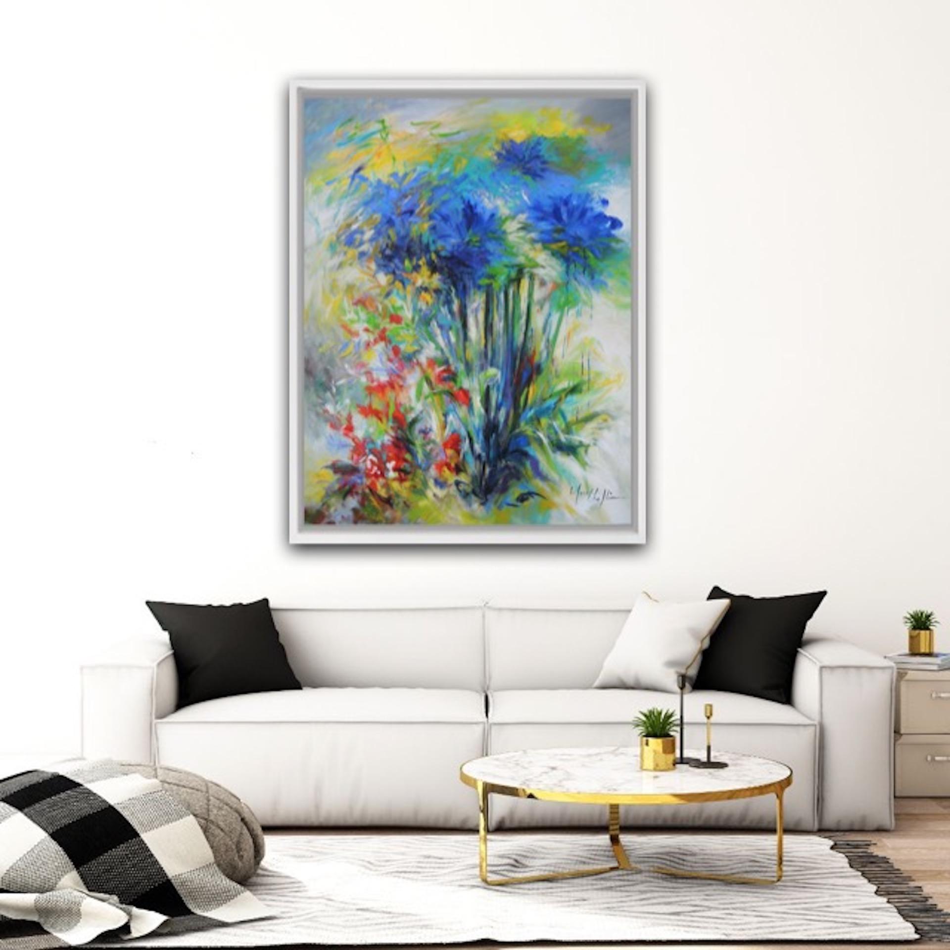 Mary Chaplin, Agapantos azules y Crocosmias, Naturaleza muerta impresionista en venta 3