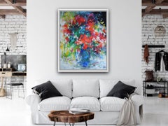 Mary Chaplin, Blumenstrauß in blauer Vase, helle geblümte Kunst, impressionistische Malerei