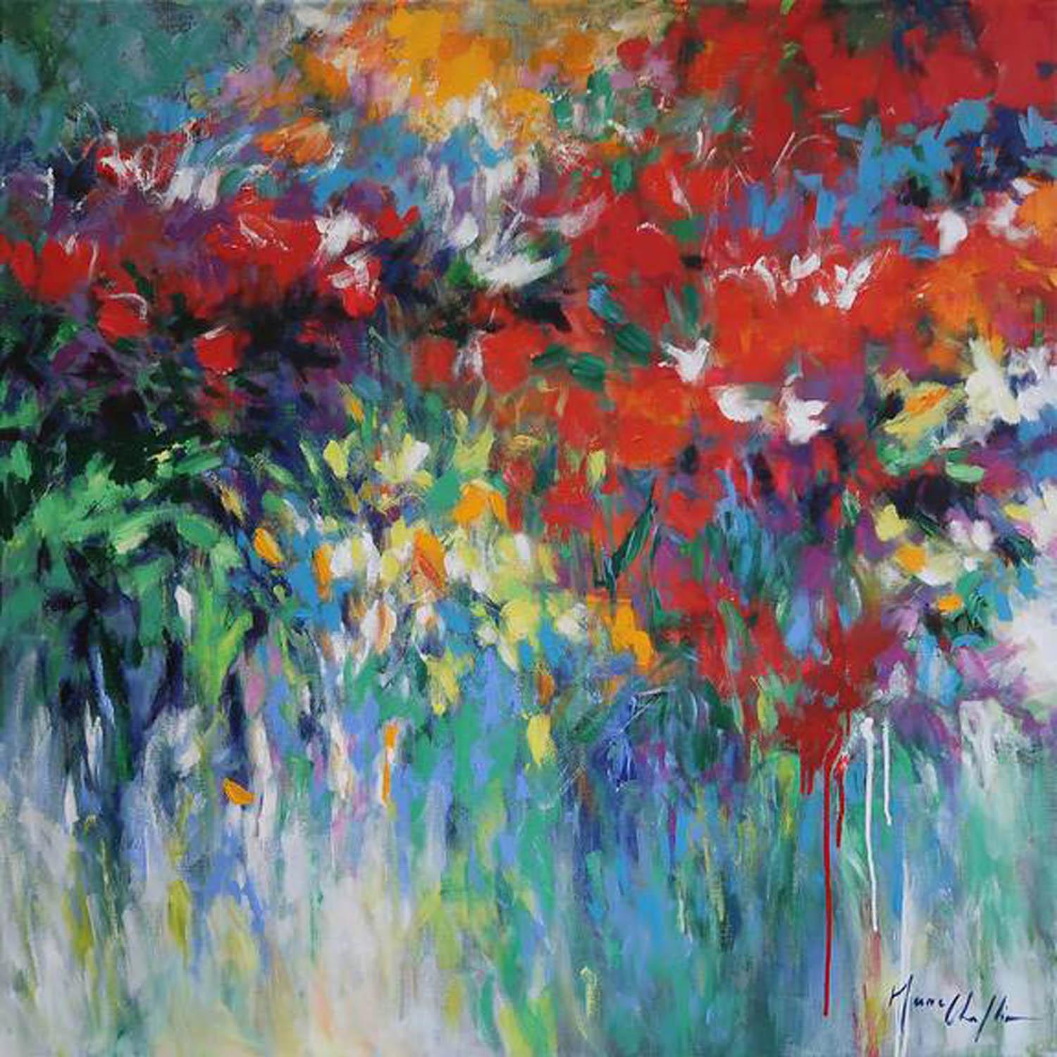 July in Picardie, by Mary Chaplin, acrylic on linen canvas. 80x80cm. Art work inspired by wild flowers, poppies growing in a field near my studio in Wailly. The painting is made with high quality paint. Not framed but ready to be hung.