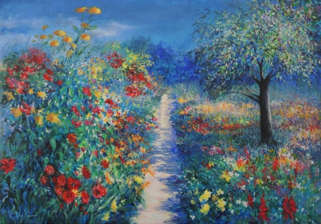 Mary Chaplin, Magical Light in Monet's Garden in Givern, Floral painting