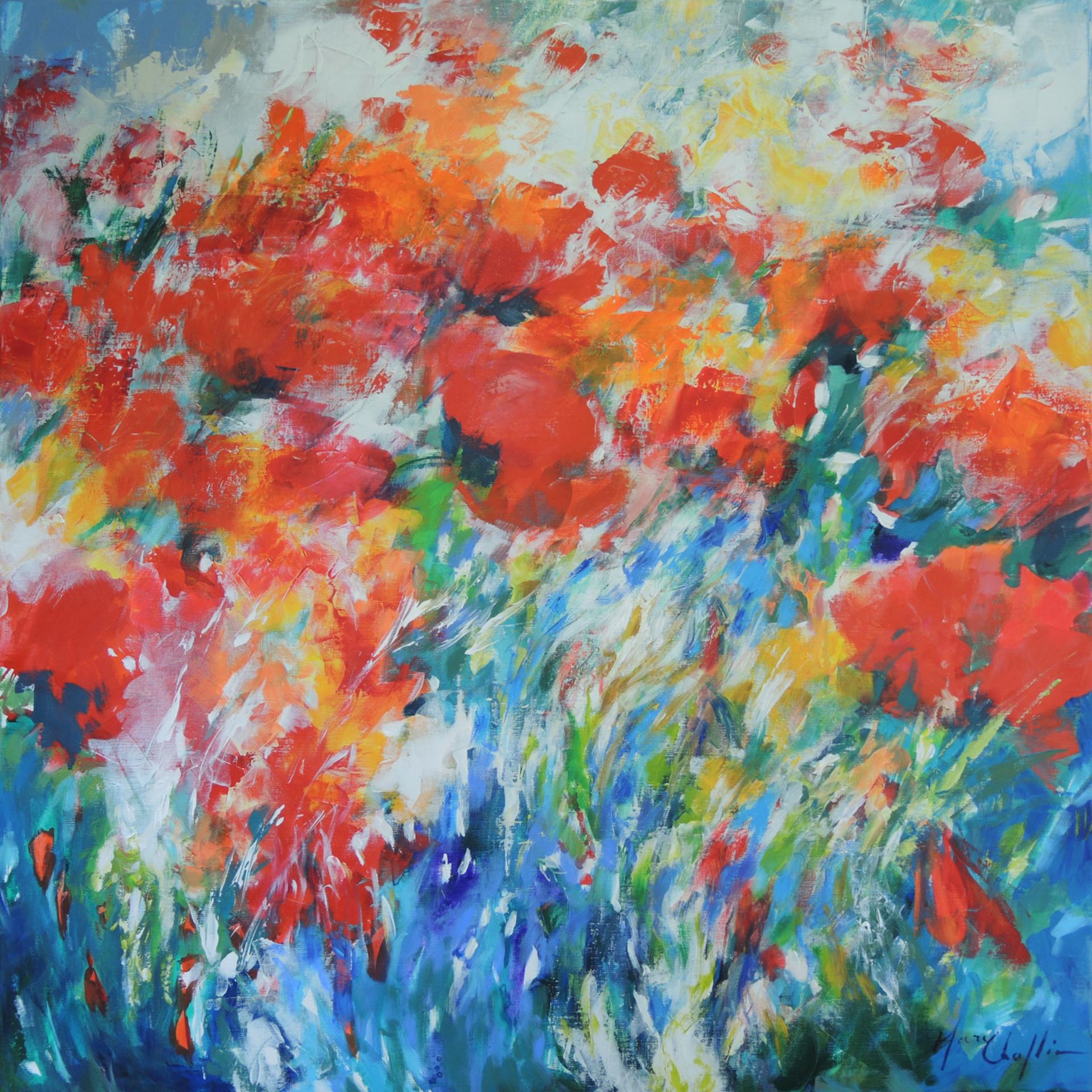 Orientalische Mohnblumen im Sommerwind, großes halb-abstraktes Gemälde. Mary Chaplin ist eine professionelle Künstlerin, die sich viel von ihrem Garten inspirieren lässt. Mohnblumen, wild oder selbst angebaut, sind ein Thema, das sie liebt. Zwischen