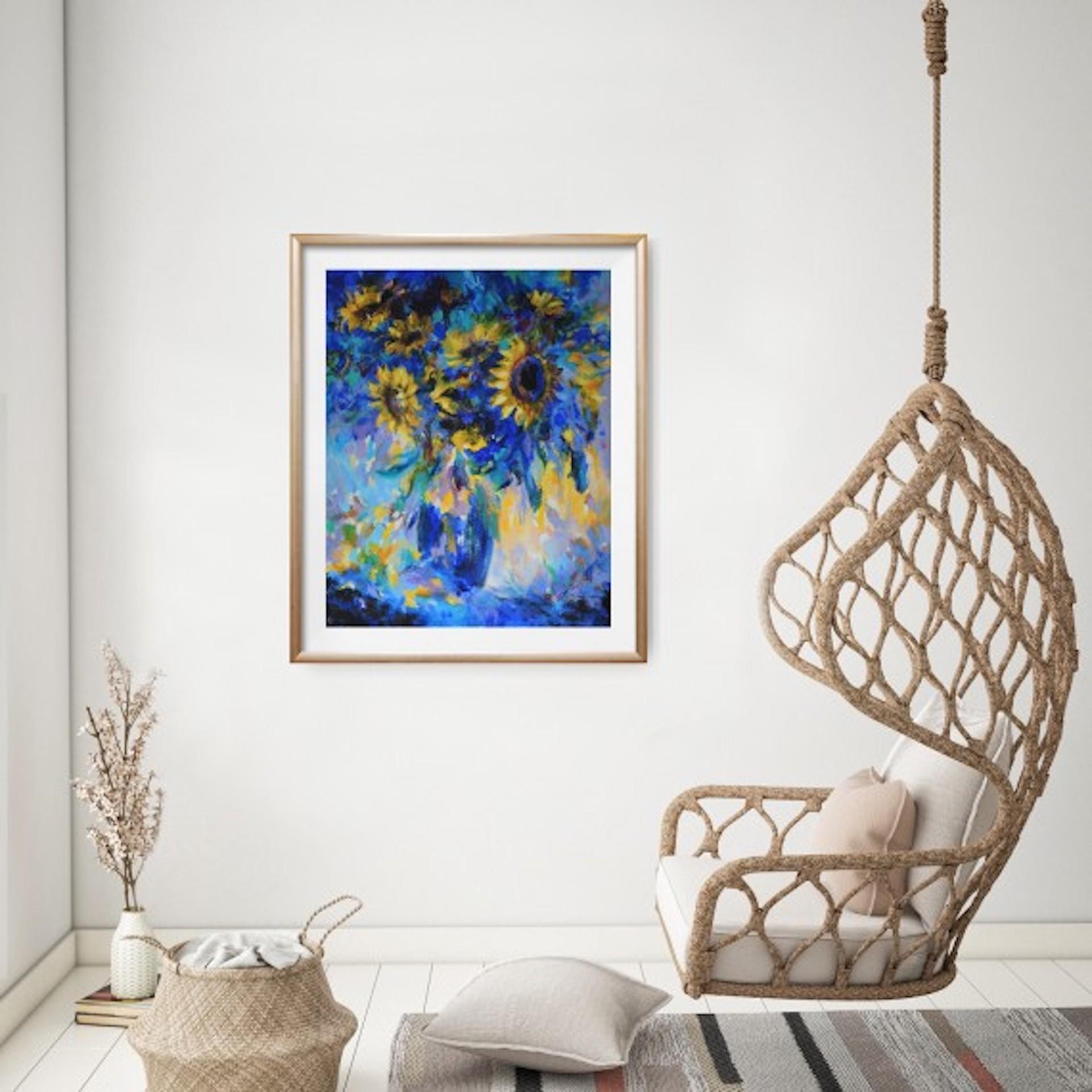 Mary Chaplin, Sun Flowers in Blue, Tribute to Vincent Van Gogh, Floral Art 1