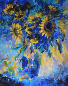 Mary Chaplin, Sun Flowers in Blue, Tribute to Vincent Van Gogh, Floral Art