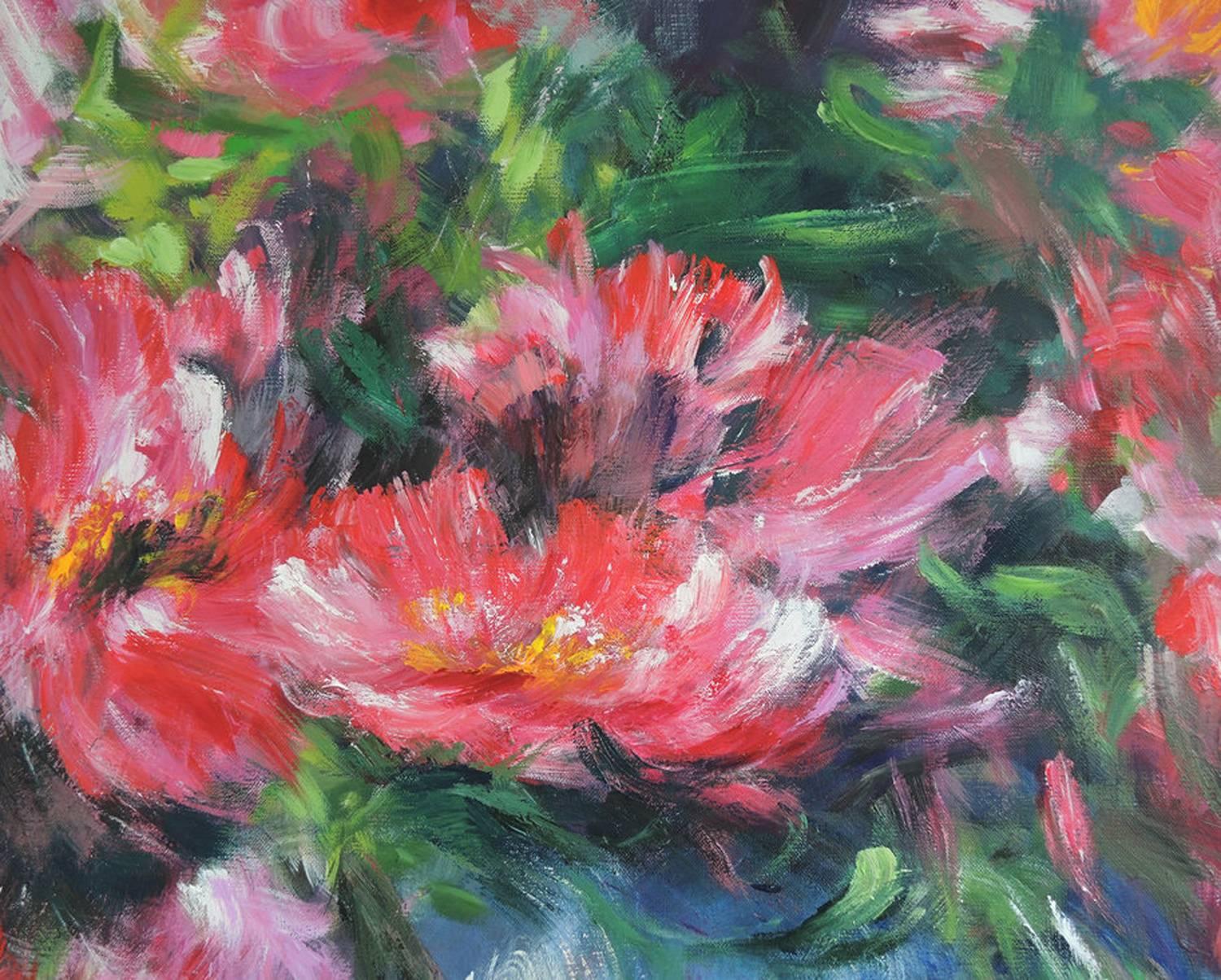 Peonien nach der Dusche, ein rosa-weißes Blumengemälde – Painting von Mary Chaplin