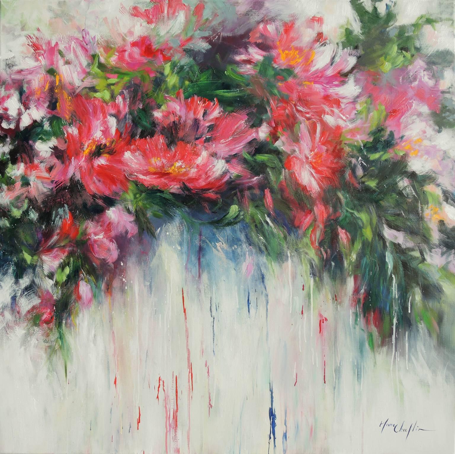 Mary Chaplin Abstract Painting - Peonies after the shower, a pink and white floral painting