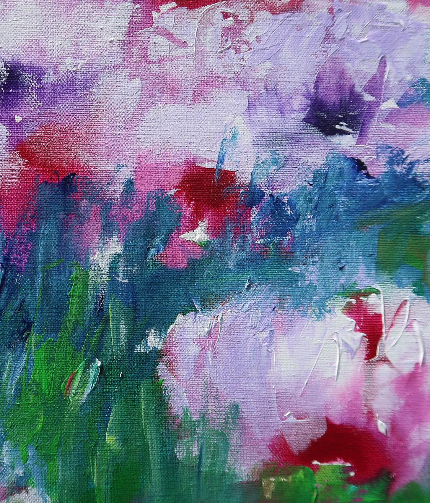Pink Poppies, Impressionist floral painting - Blue Still-Life Painting by Mary Chaplin