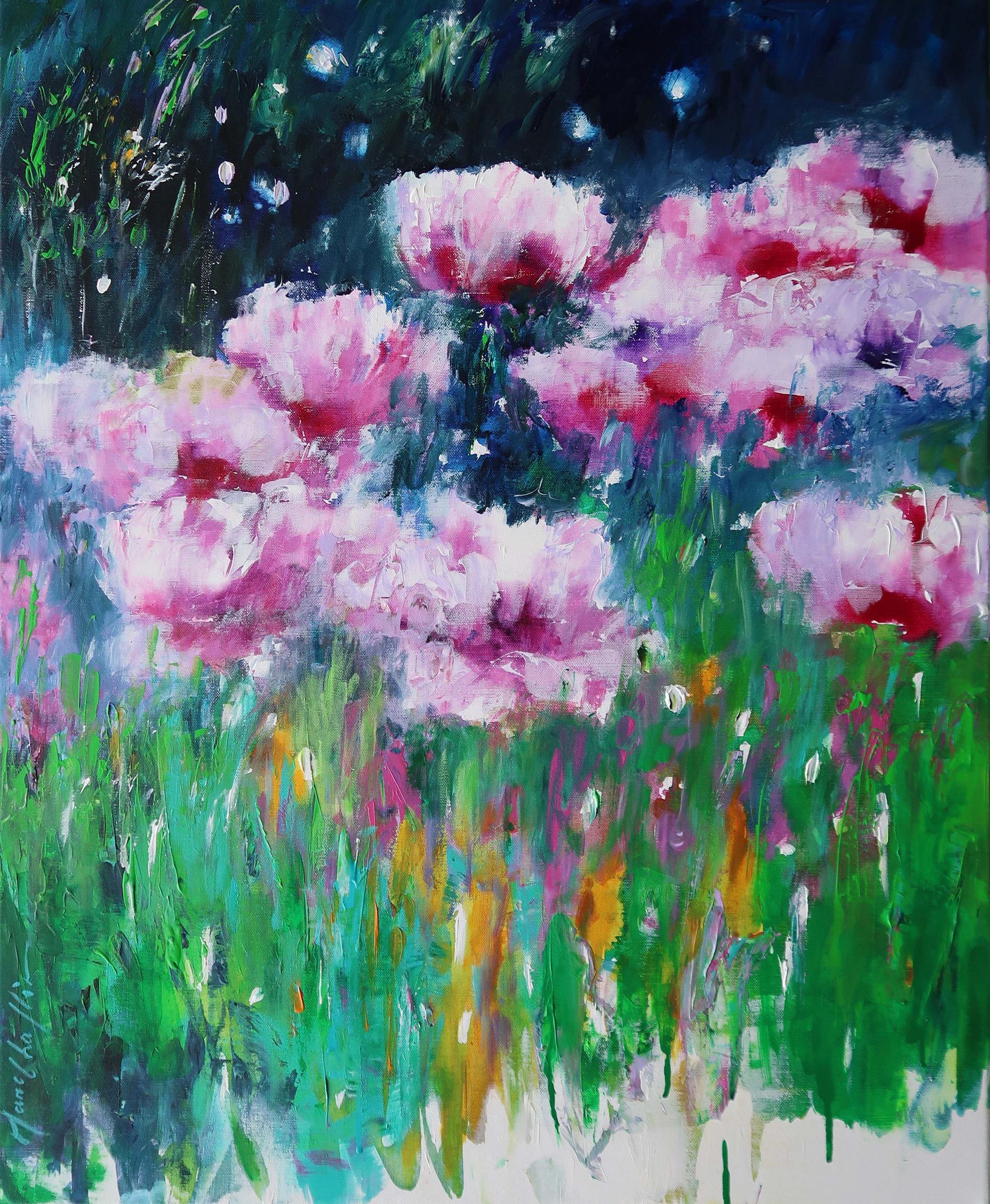 Mary Chaplin Still-Life Painting - Pink Poppies, Impressionist floral painting