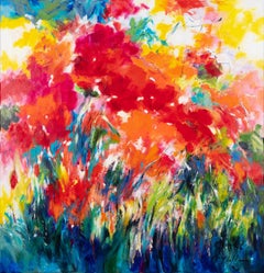 Poppies in full sun, Mary Chaplin large abstract flower painting for sale