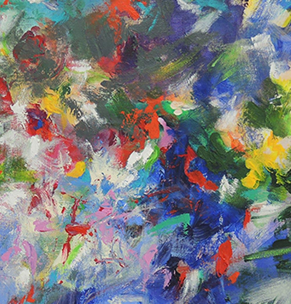 Rainy June, flower abstract impressionist artist, colourful flowerbed - Abstract Impressionist Painting by Mary Chaplin