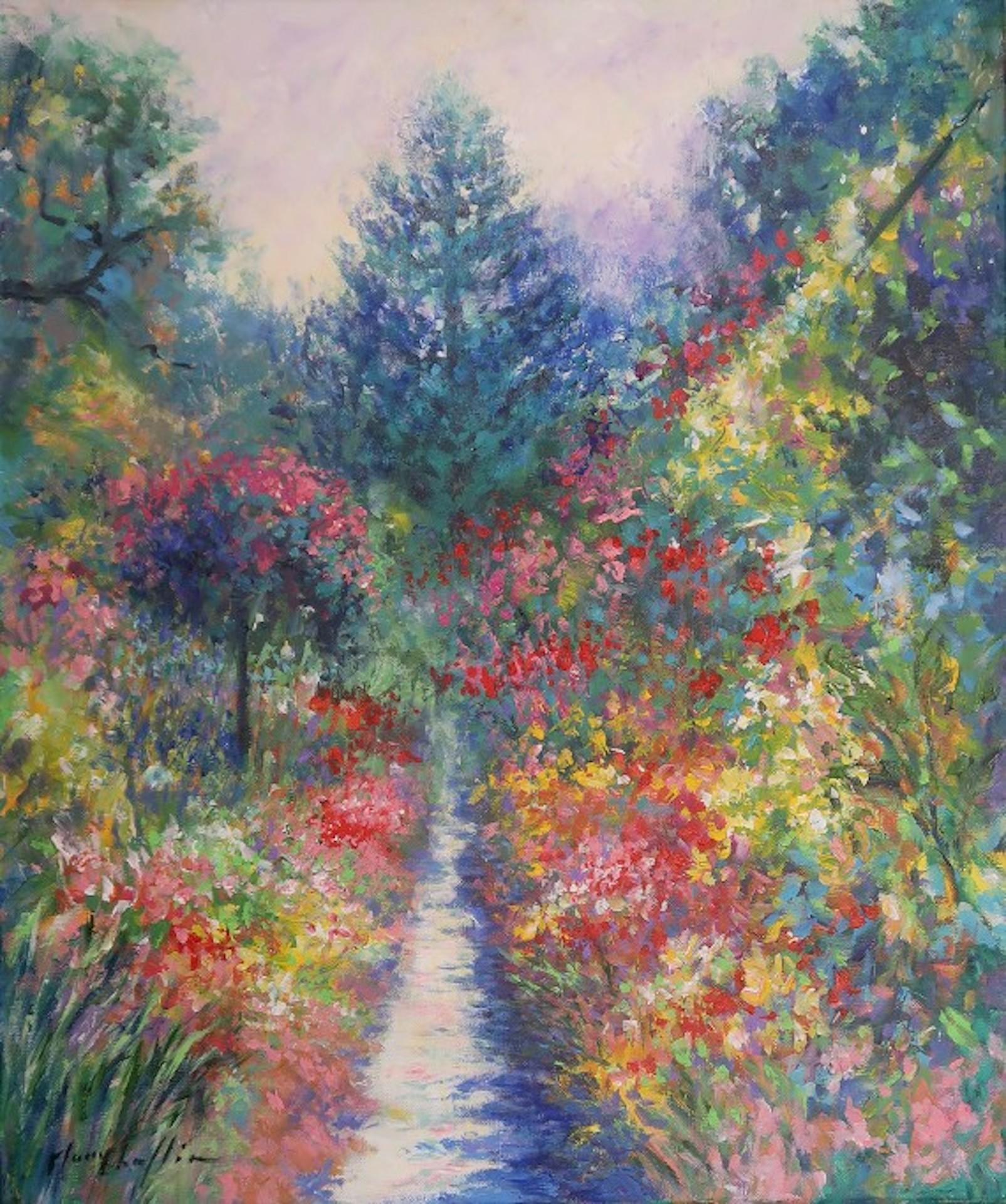 Le temps des roses au jardin de Monet, peinture originale de paysage floral impressionniste