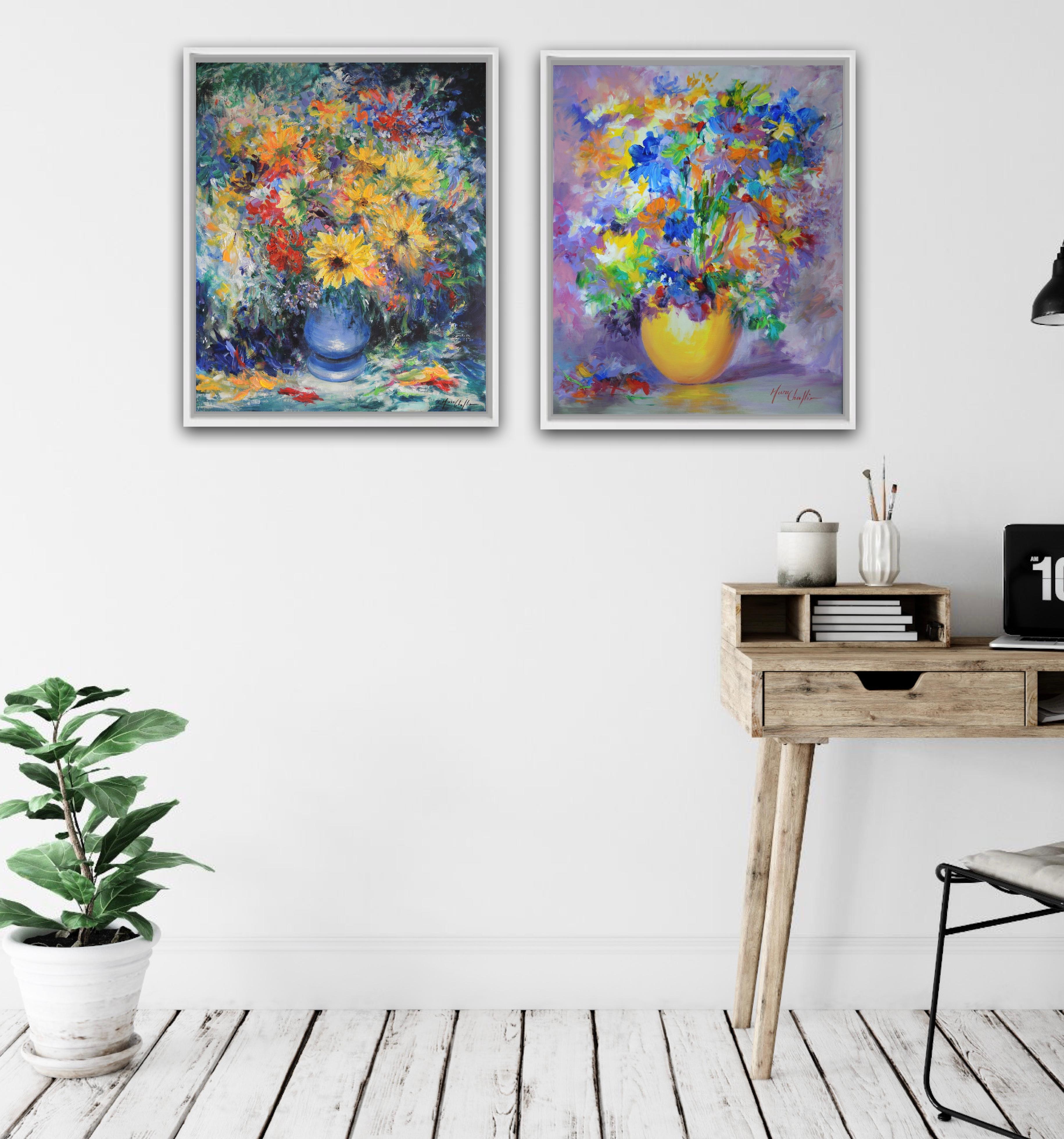 September glory, bouquet in a yellow vase and Autumn glory Diptych - Painting by Mary Chaplin
