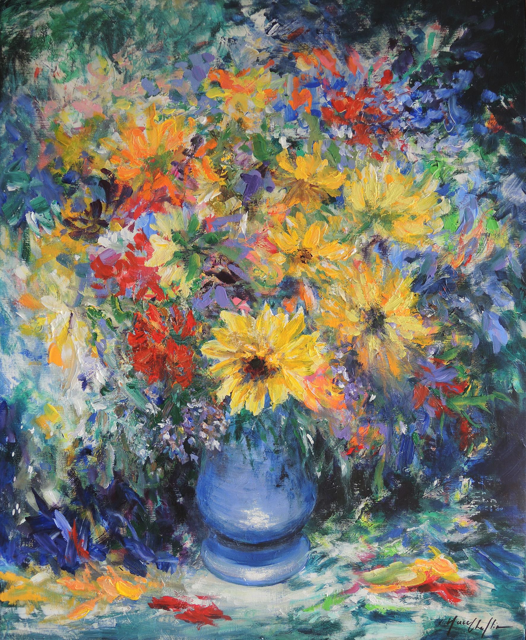 Septembre glory, bouquet dans un vase jaune et Autumn glory Diptyque
Taille totale : H146 x W120

Gloire de septembre, bouquet dans un vase jaune par Mary Chaplin [2021]
original
acrylique sur toile de lin
Taille de l'image : H:73 cm x L:60