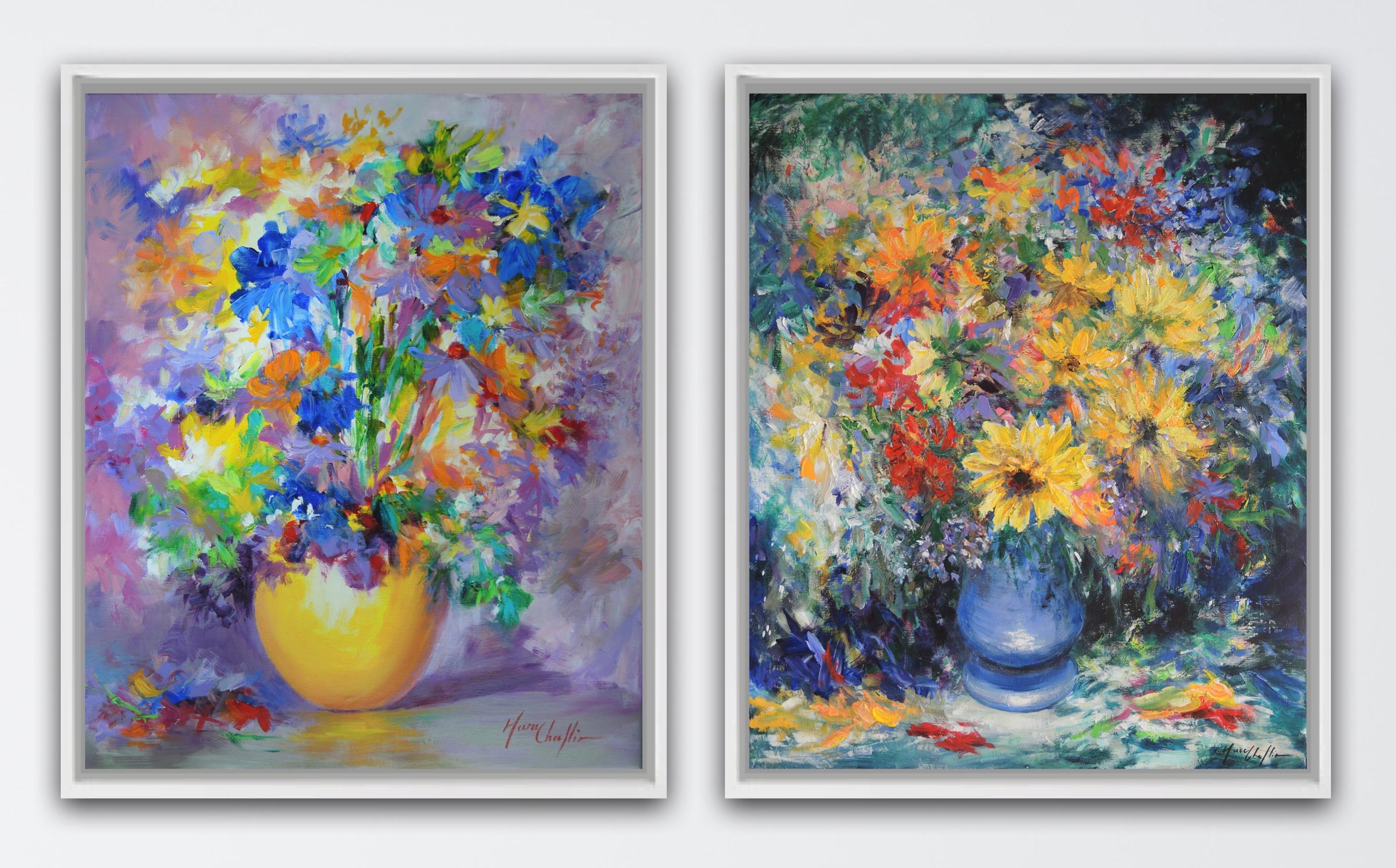 Mary Chaplin Still-Life Painting - September glory, bouquet in a yellow vase and Autumn glory Diptych