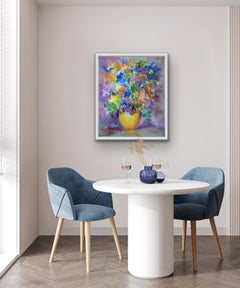 September Glory, Bouquet in a Yellow Vase, Still Life Floral Art, Impressionist