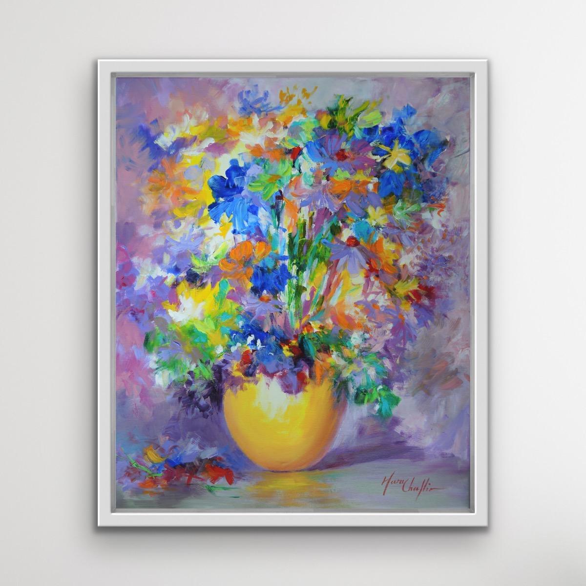 September Glory, Bouquet in a Yellow Vase, Still Life Floral Art, Impressionist - Gray Still-Life Painting by Mary Chaplin