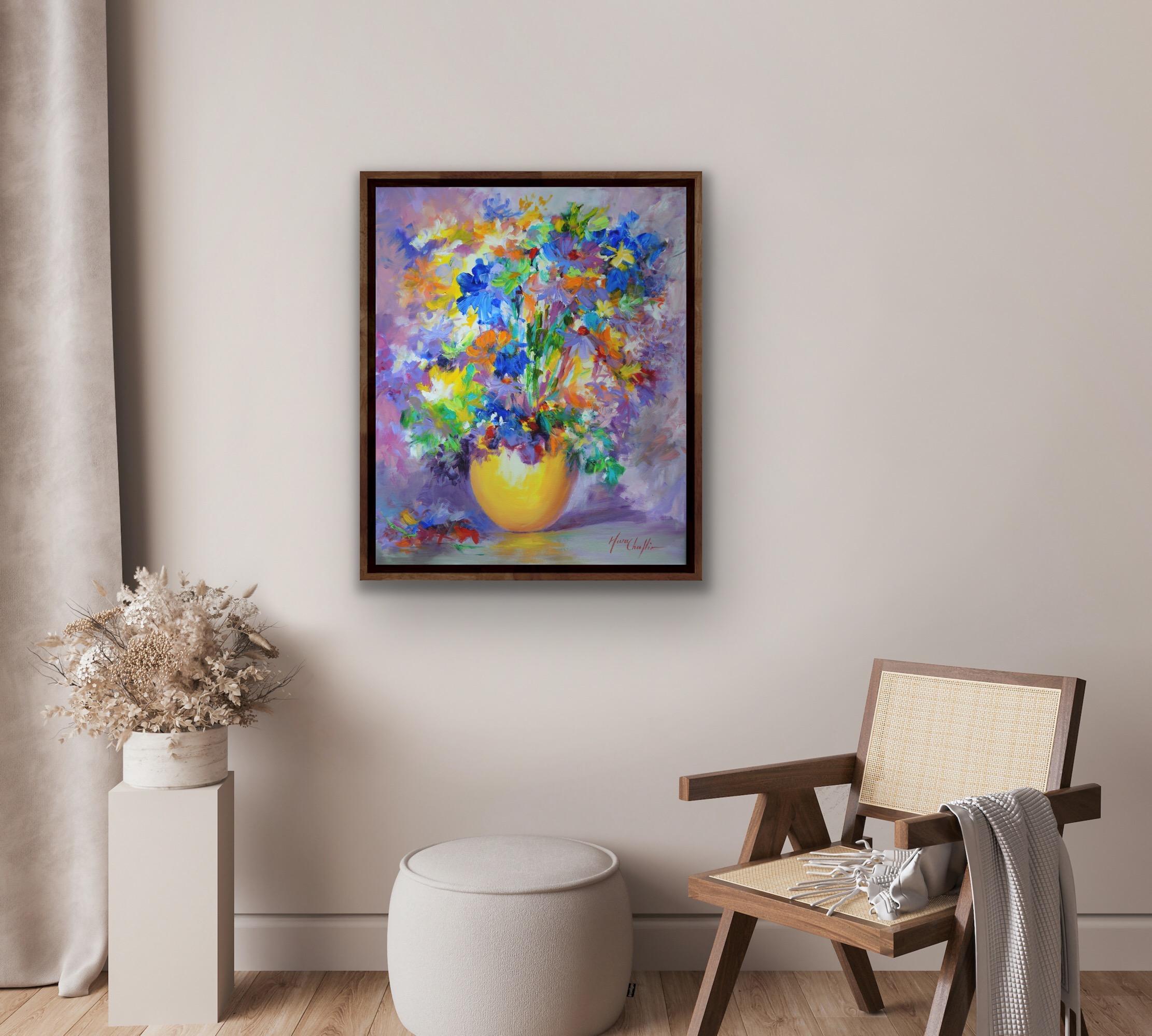 September Glory, Bouquet in a Yellow Vase, Still Life Floral Art, Impressionist For Sale 4