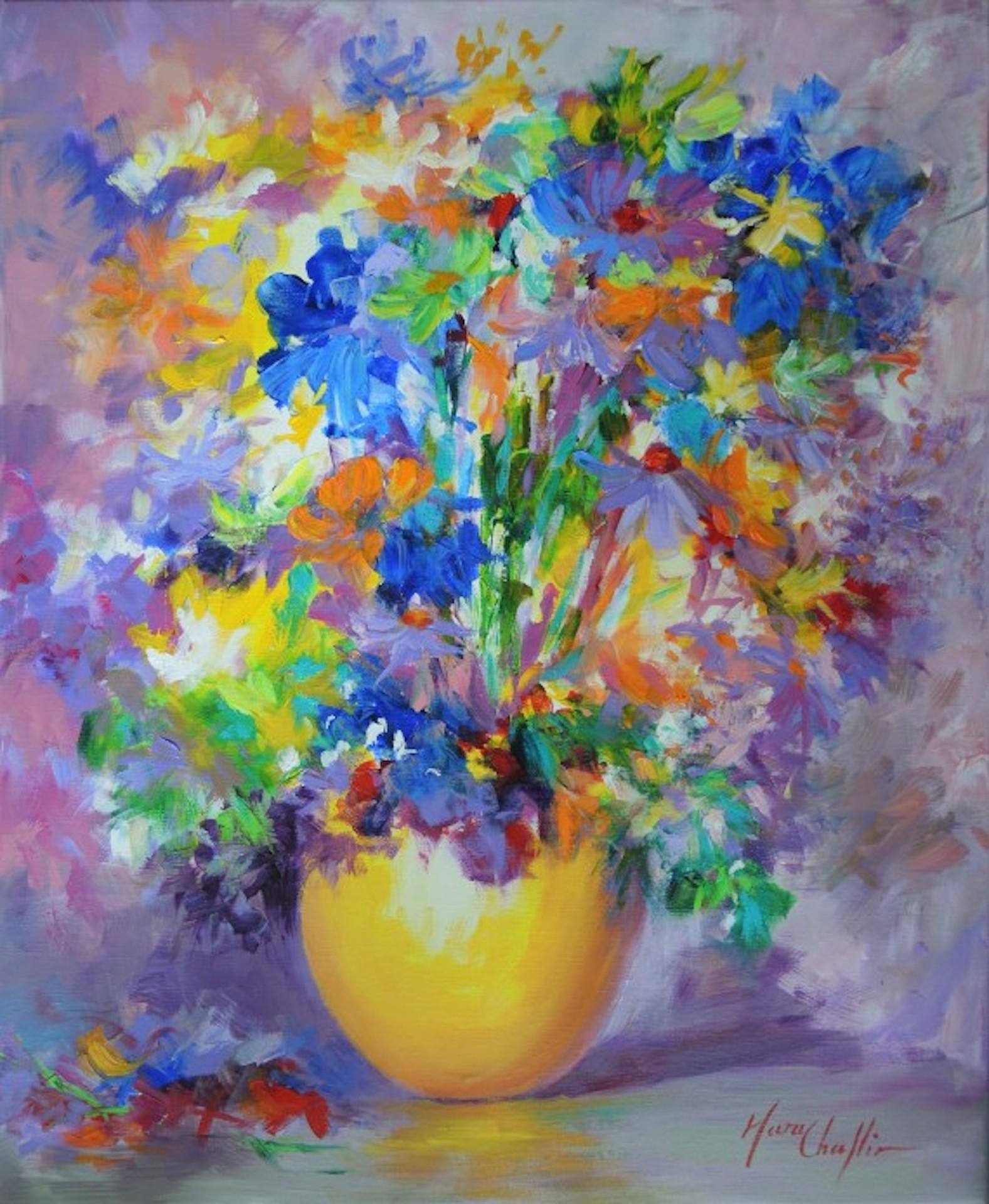 Still-Life Painting Mary Chaplin - Vase « September Glory », Bouquet dans un vase jaune, nature morte, art floral impressionniste