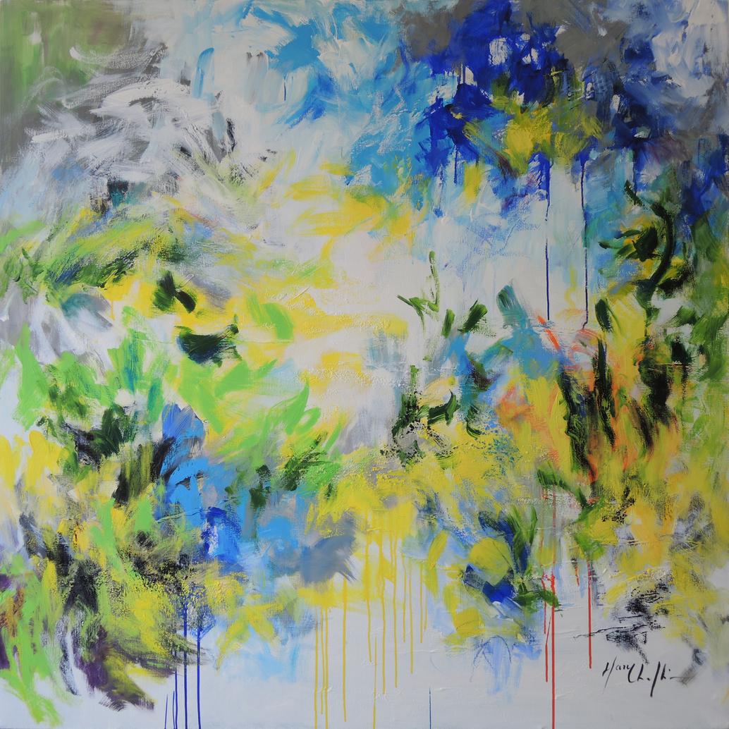 Mary Chaplin Abstract Painting - Spring in North Yorkshire Moors, abstract impressionist landscape, original art