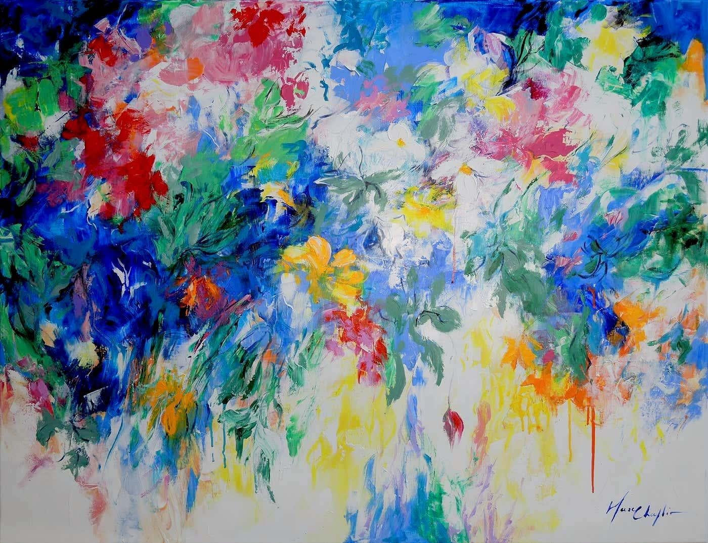 Mary Chaplin Abstract Painting - Strawberry Fields-original abstract floral landscape painting-contemporary Art