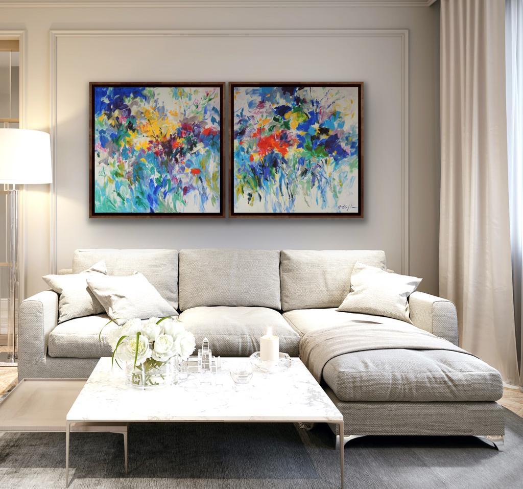 Summer Feeling in Blue, Floral Diptych, Abstract Statement Painting, Flower Art - Gray Landscape Painting by Mary Chaplin