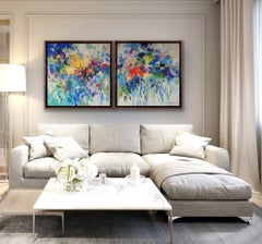 Summer Feeling in Blue, Floral Diptych, Abstract Statement Painting, Flower Art
