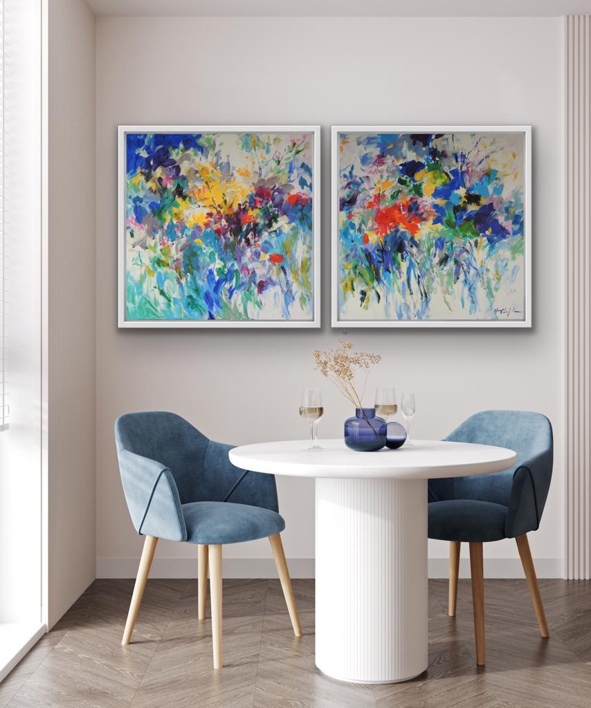 Summer Feeling in Blue, Floral Diptych, Abstract Statement Painting, Flower Art For Sale 4