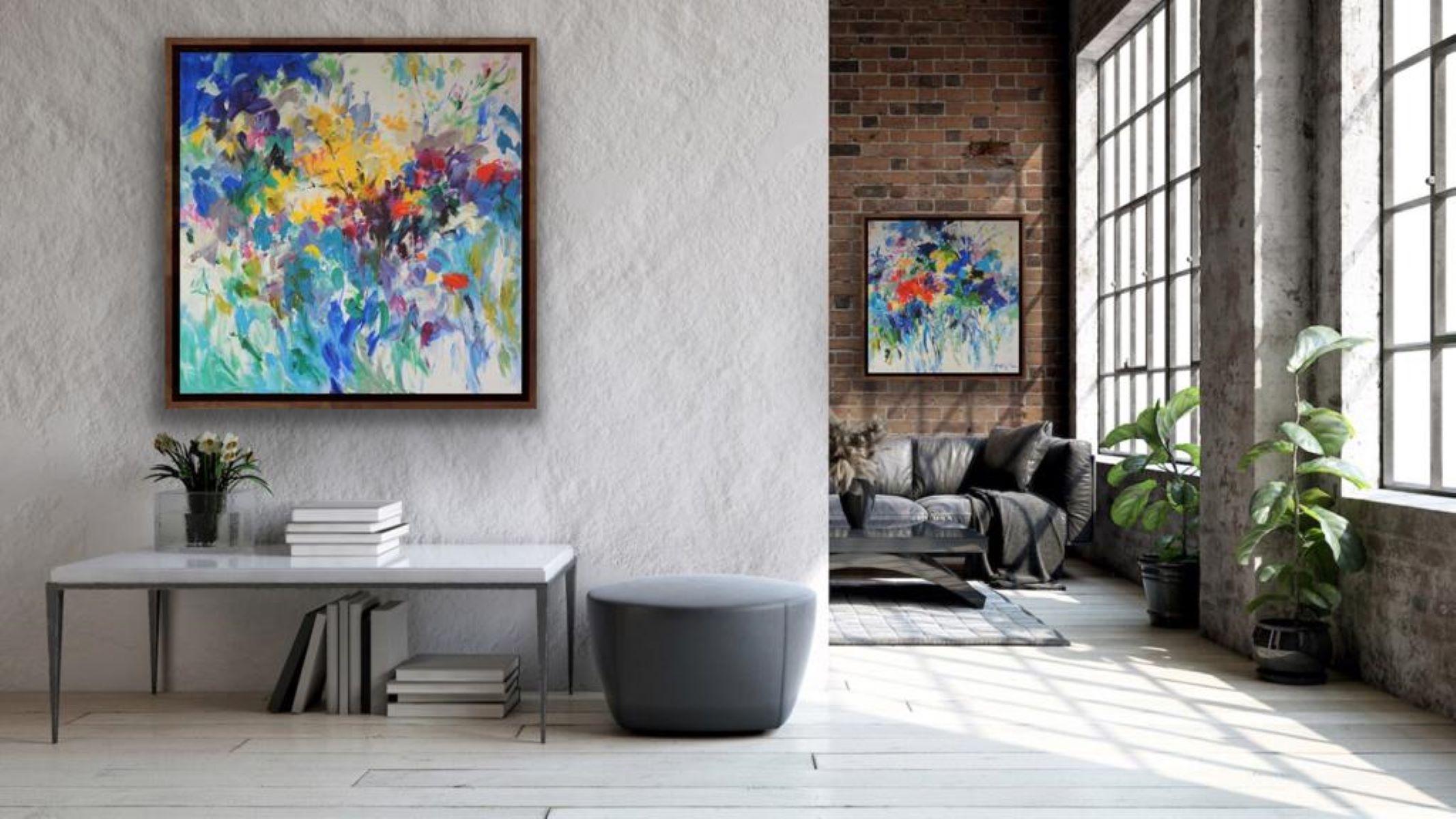 Summer Feeling in Blue, Floral Diptych, Abstract Statement Painting, Flower Art For Sale 5