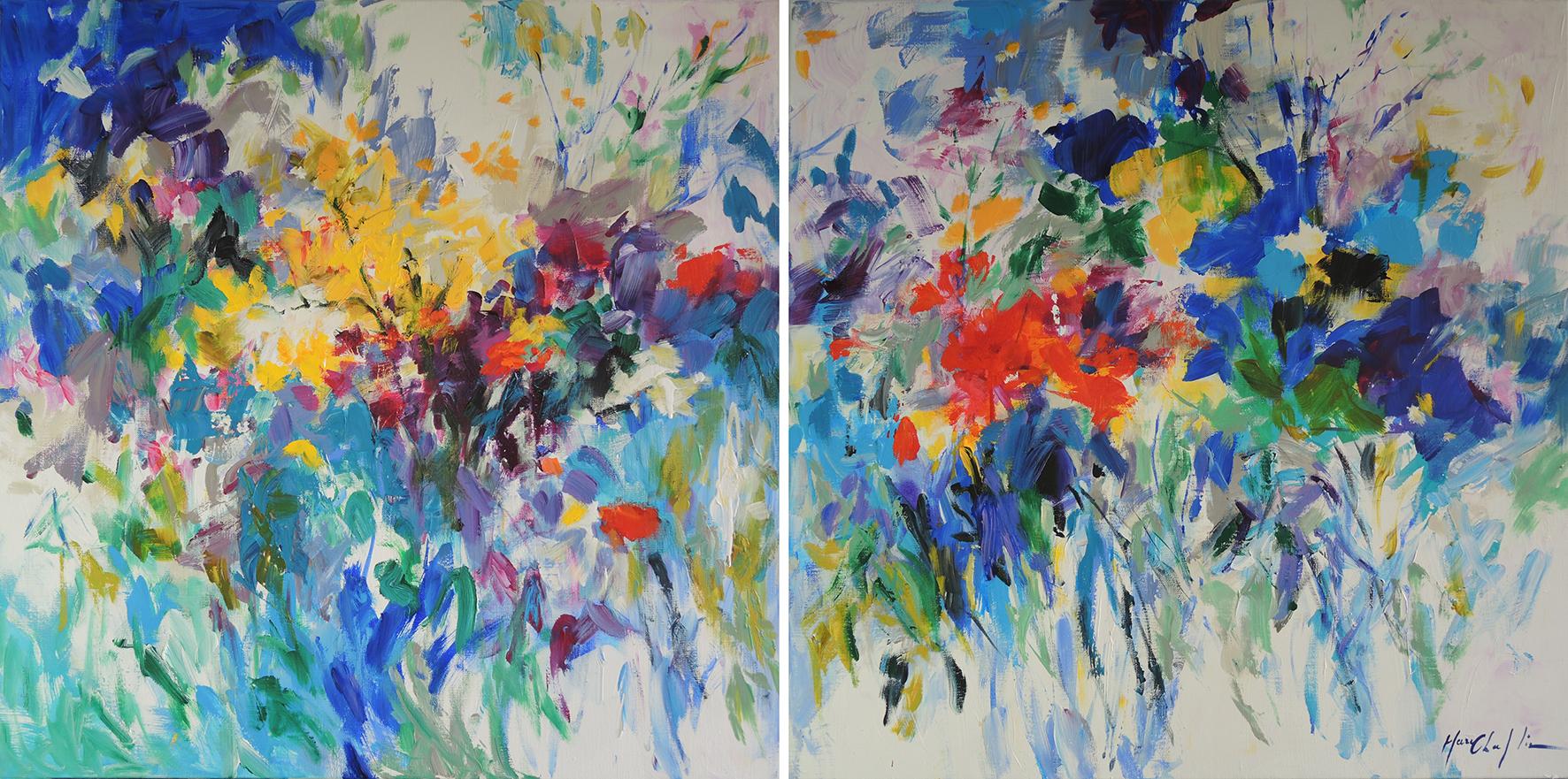 Sommergefühl in Blau, geblümtes Diptychon, Abstraktes Statement-Gemälde, Blumenkunst