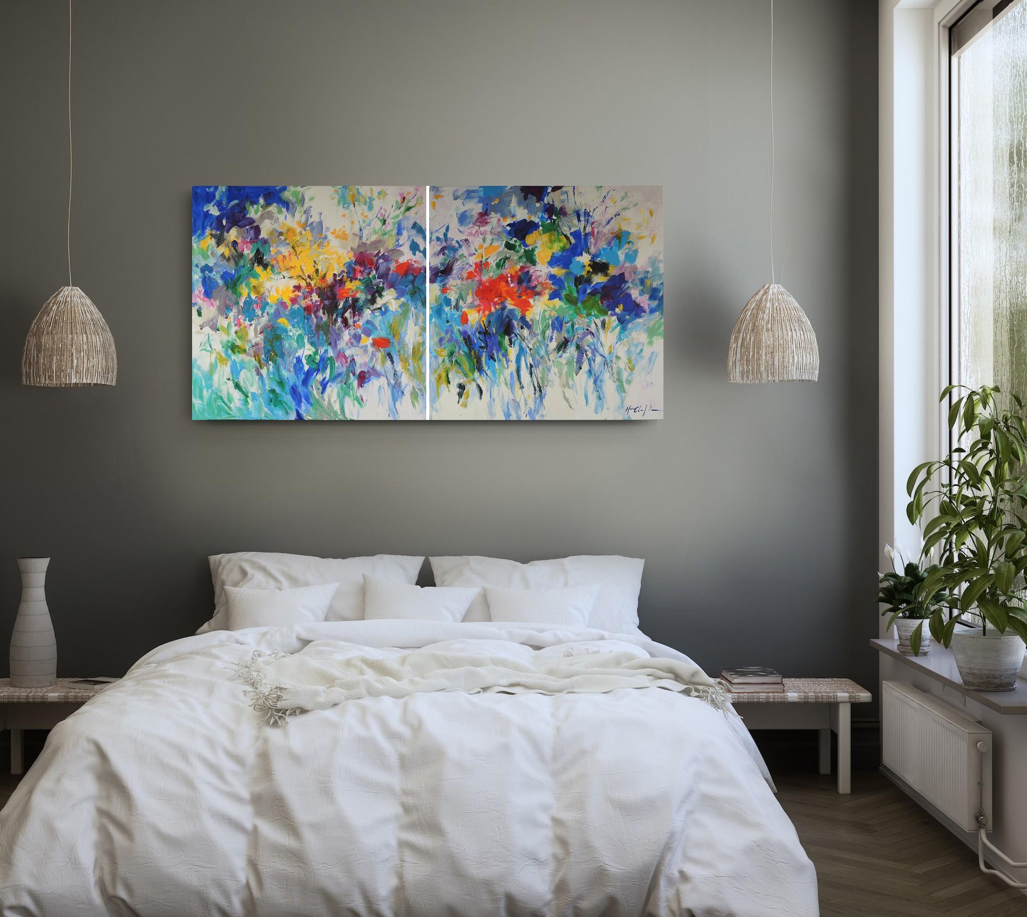 Summer feeling in blue, floral diptych - Painting by Mary Chaplin