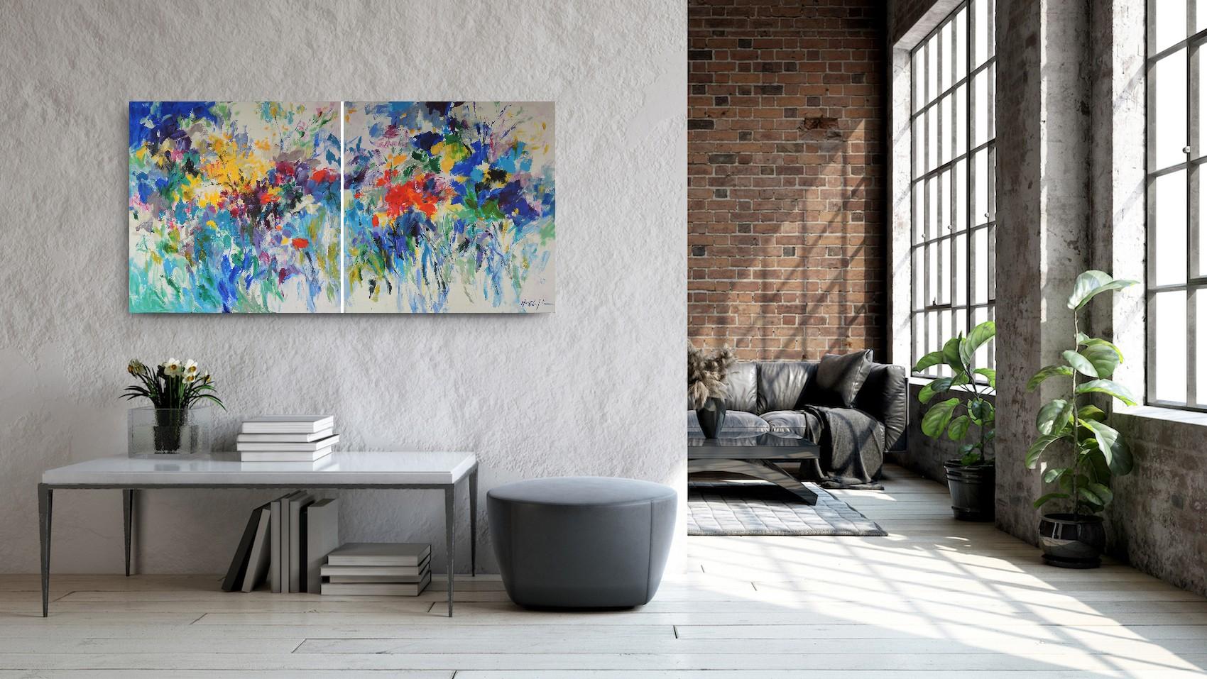 Summer feeling in blue, floral diptych - Gray Landscape Painting by Mary Chaplin