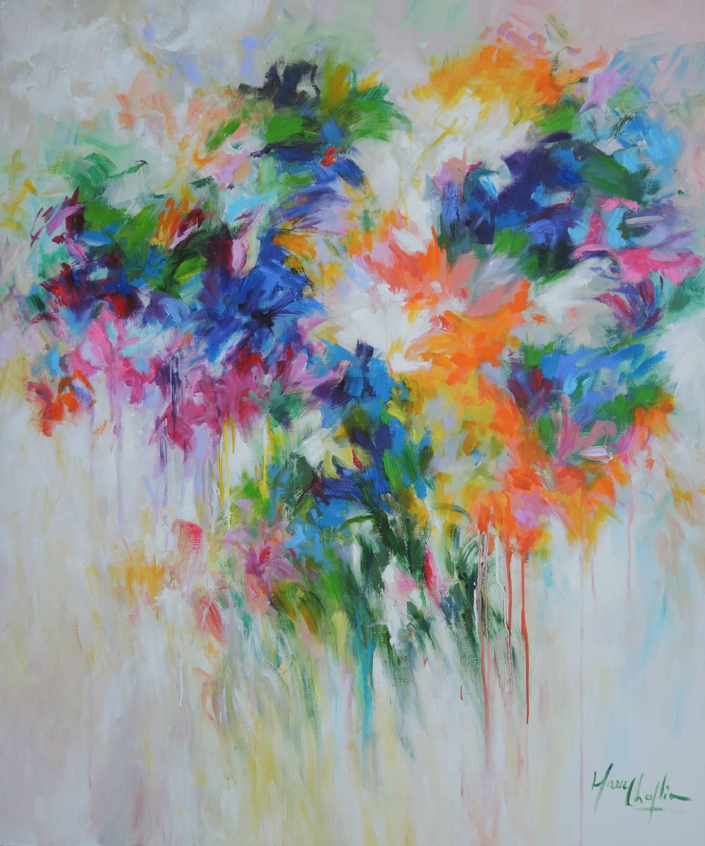 Mary Chaplin Landscape Painting - Tears of the Garden, bouquet of flowers, abstract art, wall art colourful art