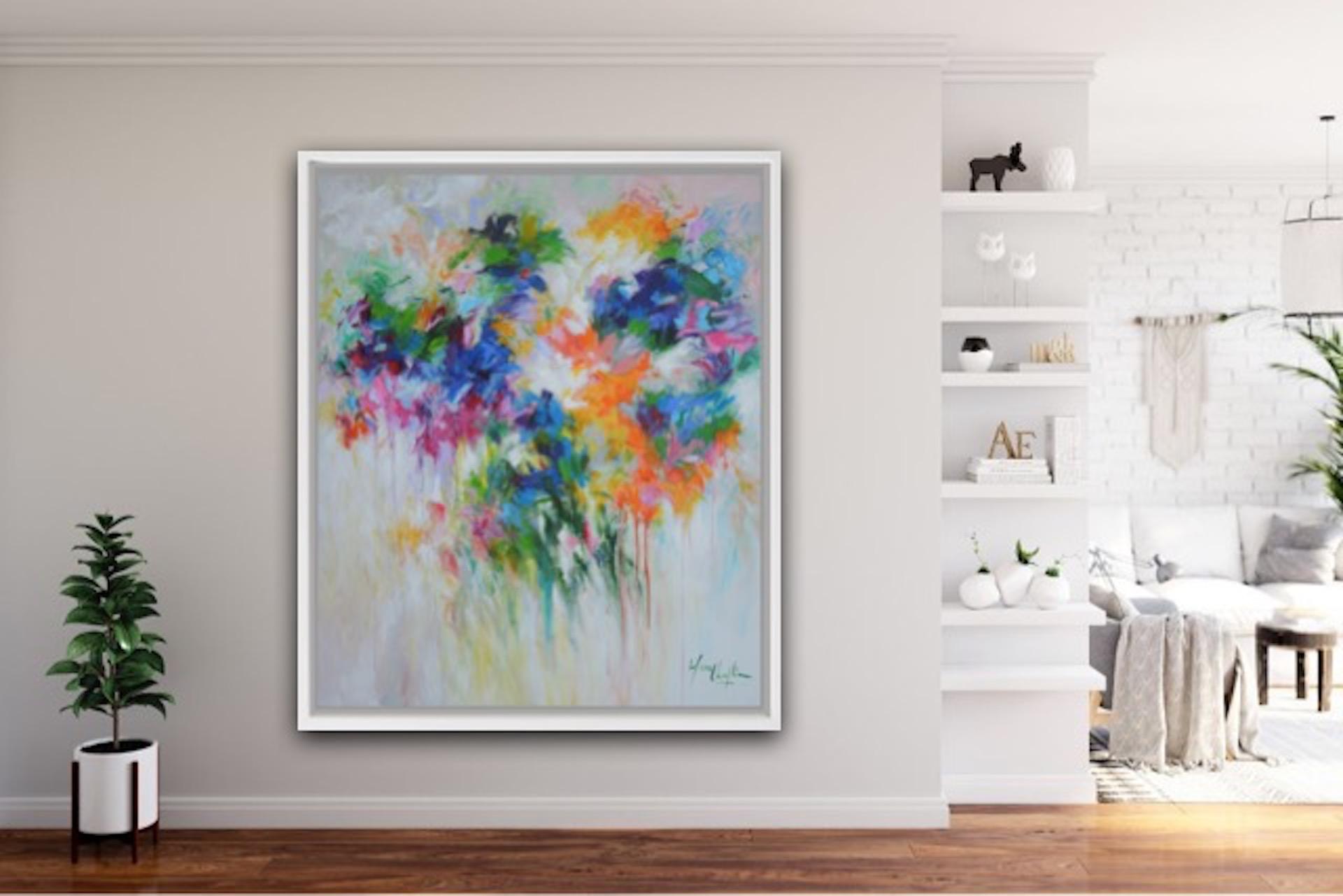 Tears of the Garden, bouquet of flowers, abstract art, wall art colourful art - Gray Abstract Painting by Mary Chaplin