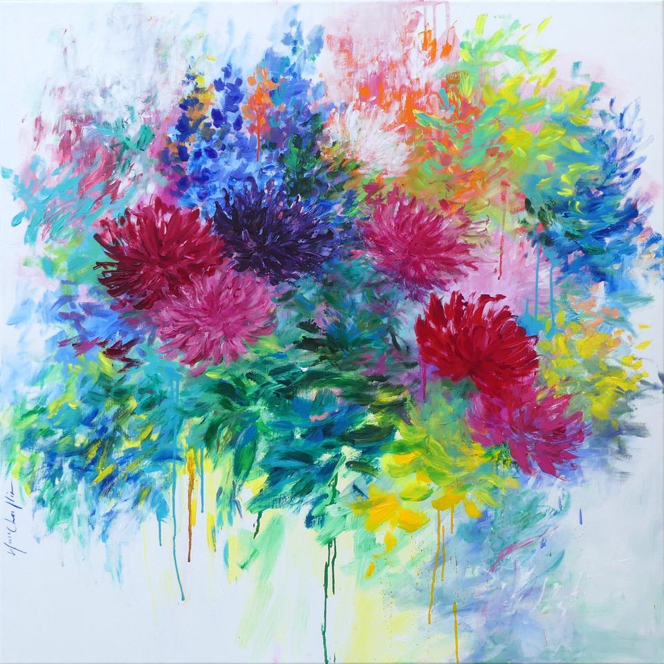Mary Chaplin Abstract Painting - The Dahlia Season, original painting, floral art, abstract art, contemporary art