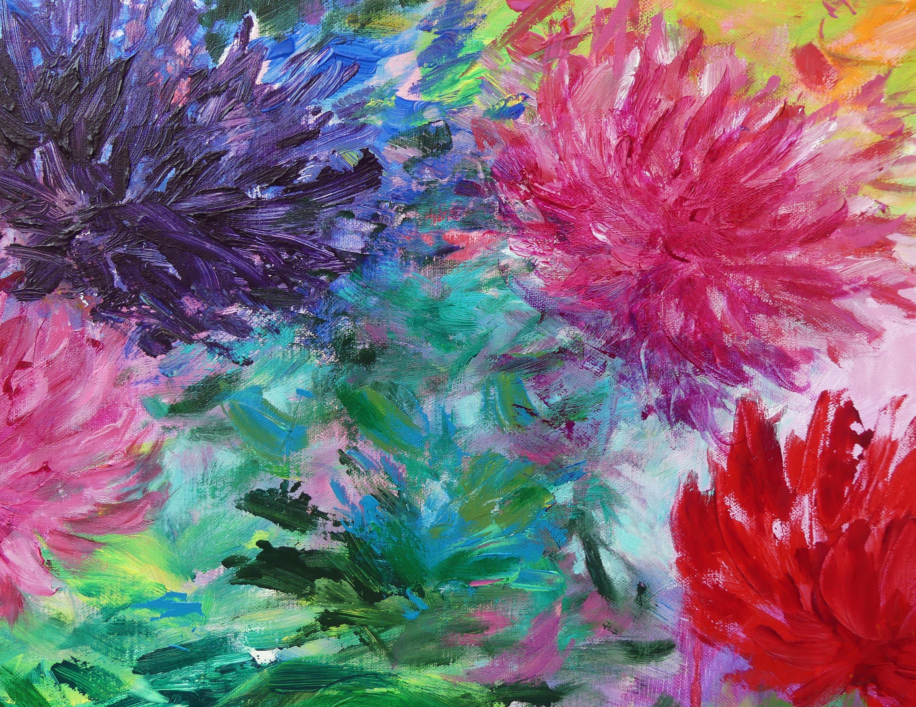 The Dahlia Season, original painting, floral art, abstract art, contemporary art - Contemporary Painting by Mary Chaplin
