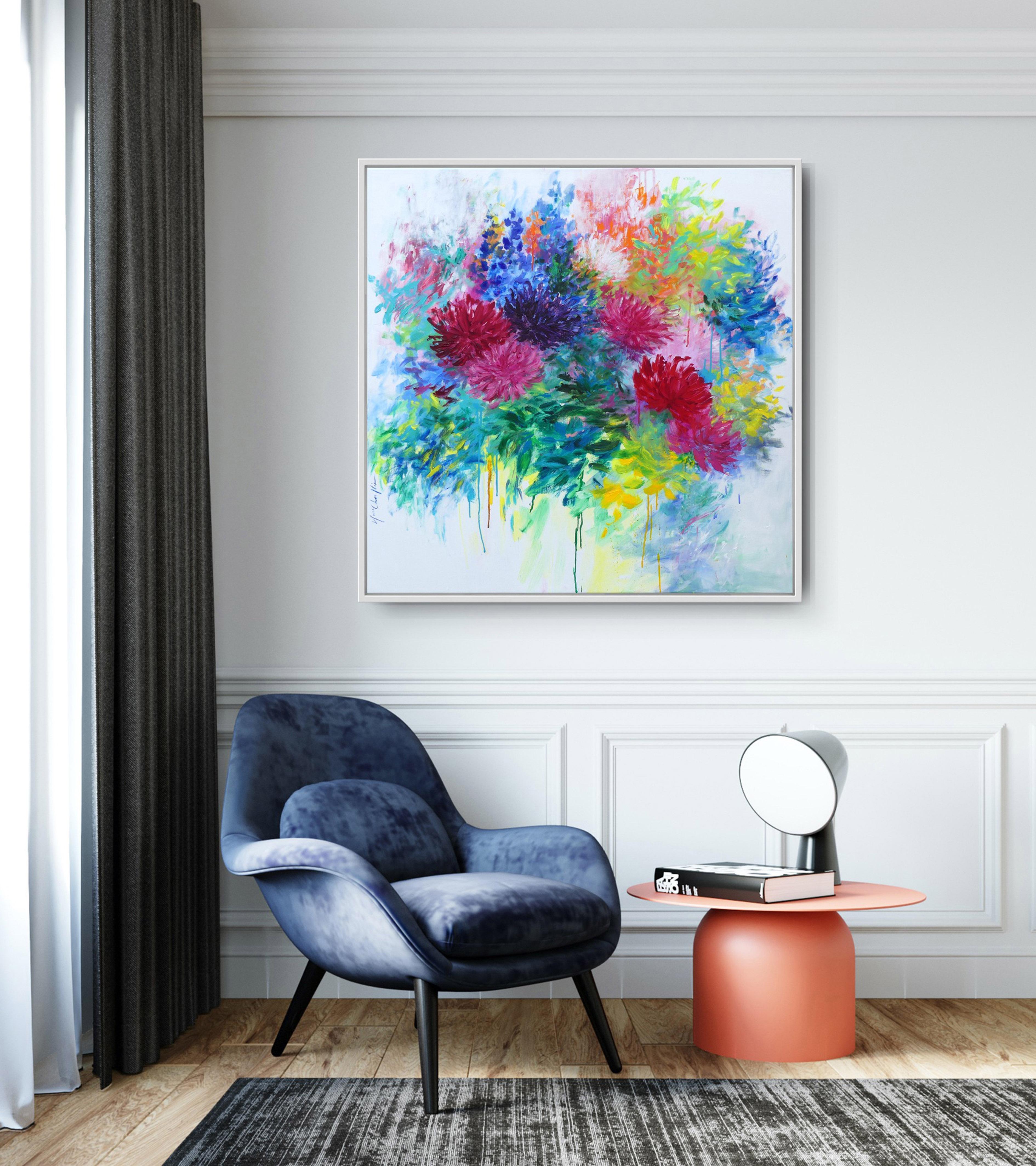 Blue agapanthus and hemerocallis, acrylic on linen canvas The dahlia season, acrylic on linen canvas In artist Mary Chaplin’s garden there are many perennial plants including geraniums and dahlias one of her favorite plants their flowering lasting