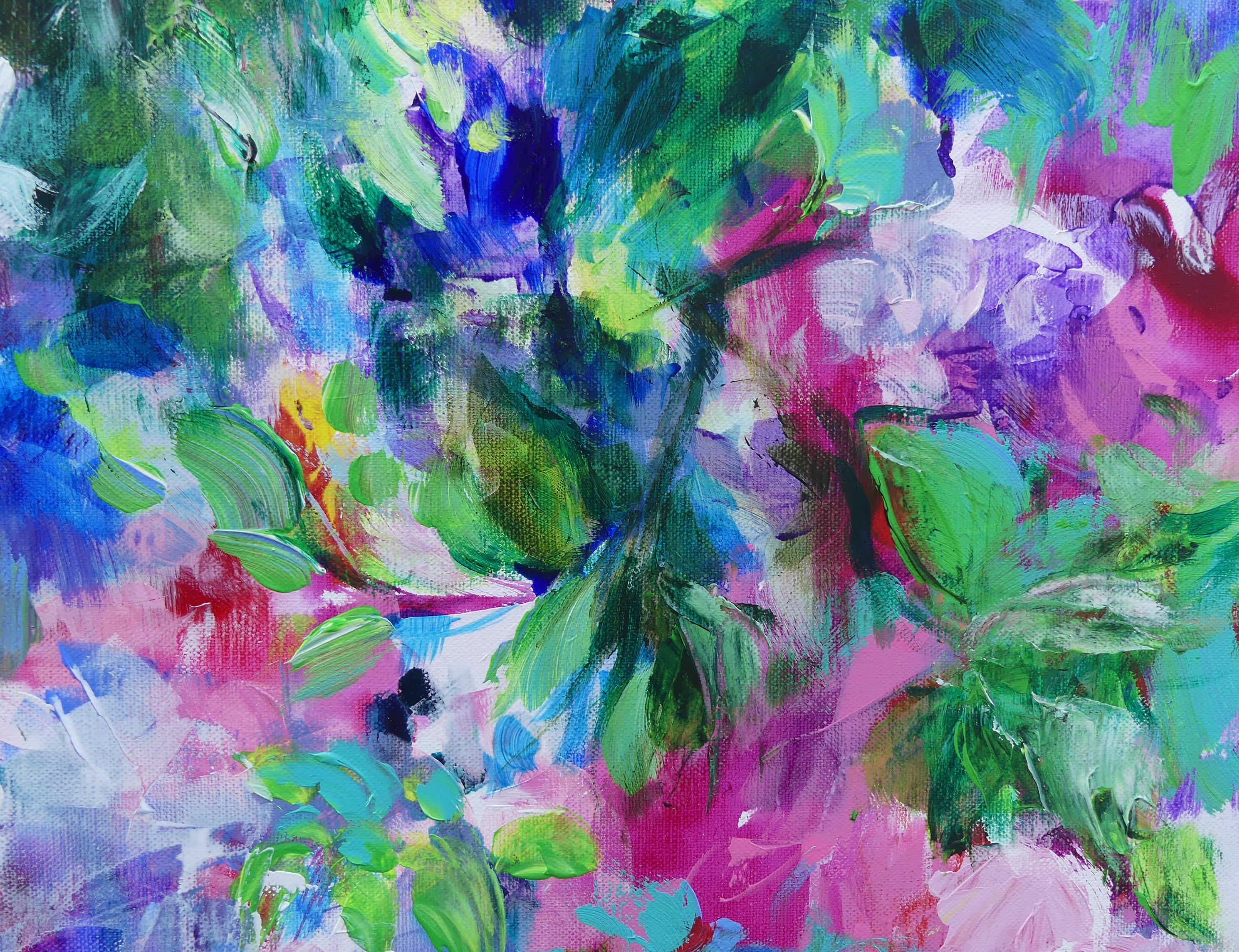 ‘The season of happiness from Mary Chaplin’ When a climbing old rose meets a clematis and form together a cascade that moves with the wind and brings a new source of inspiration to the artist! This painting is the expression of a moment caught on