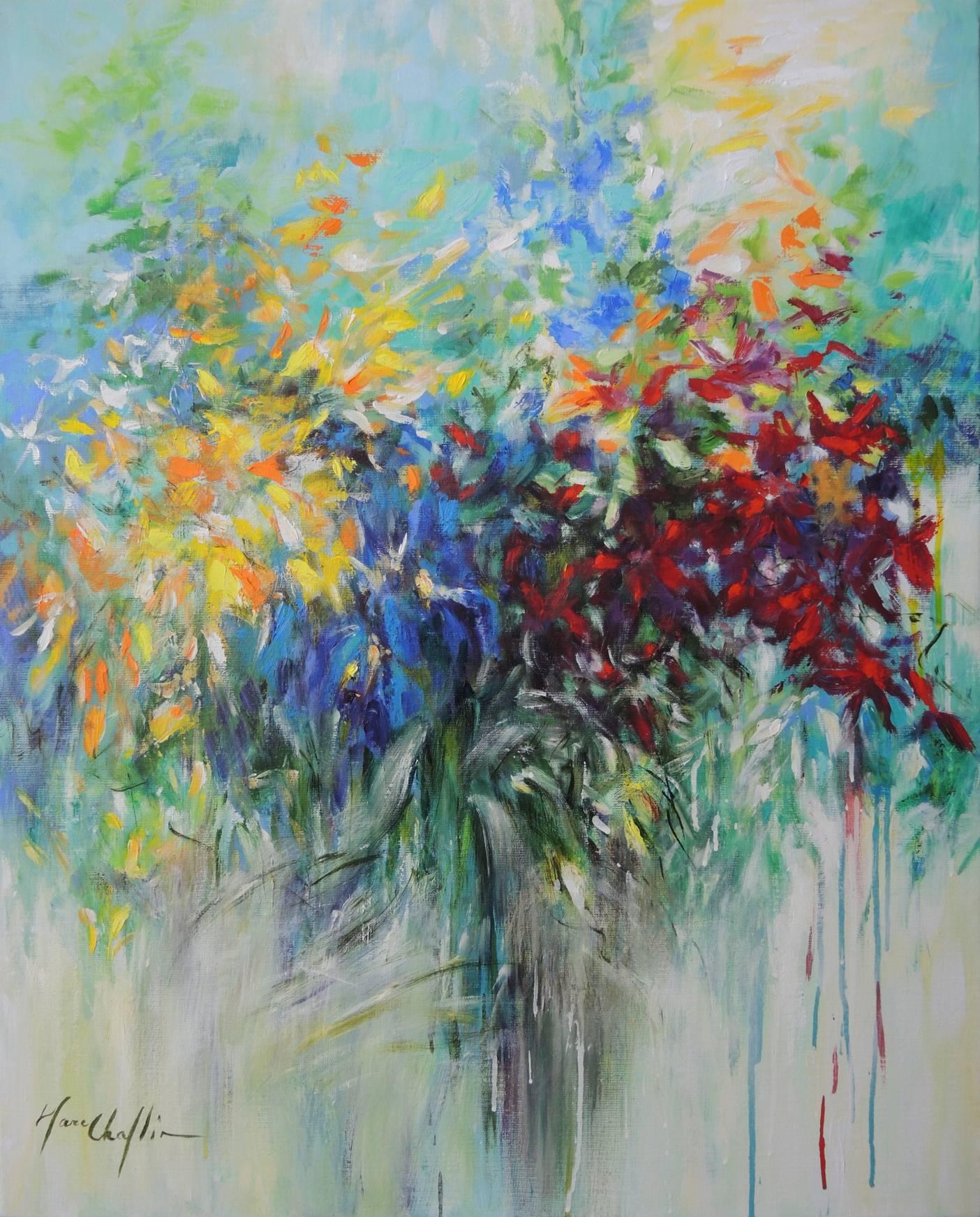 Mary Chaplin Abstract Painting - The Sound of the Wind, bright floral abstract painting