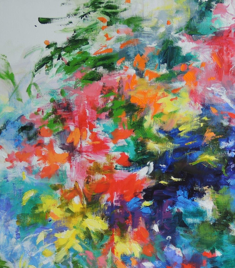 Through the mist of my memory 2, colourful flowers , red, blue , contemporary  - Painting by Mary Chaplin