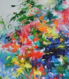 A través de la niebla de mi memoria 2, flores de colores , rojas, azules , contemporáneas
