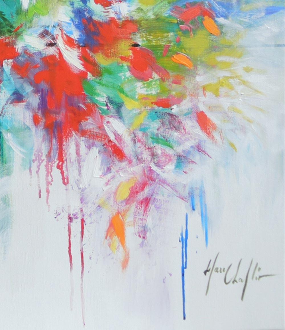 Through the mist of my memory 2, colourful flowers , red, blue , contemporary  - Contemporary Painting by Mary Chaplin