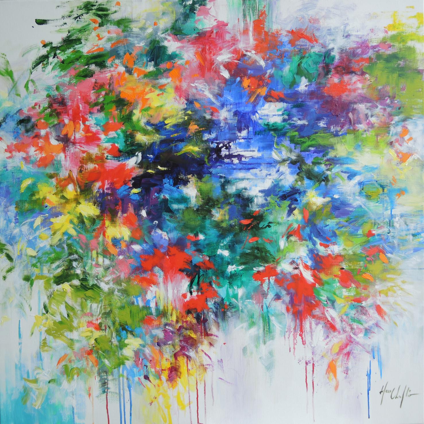 Through the mist of my memory 2, colourful flowers , red, blue , contemporary  - Gray Still-Life Painting by Mary Chaplin