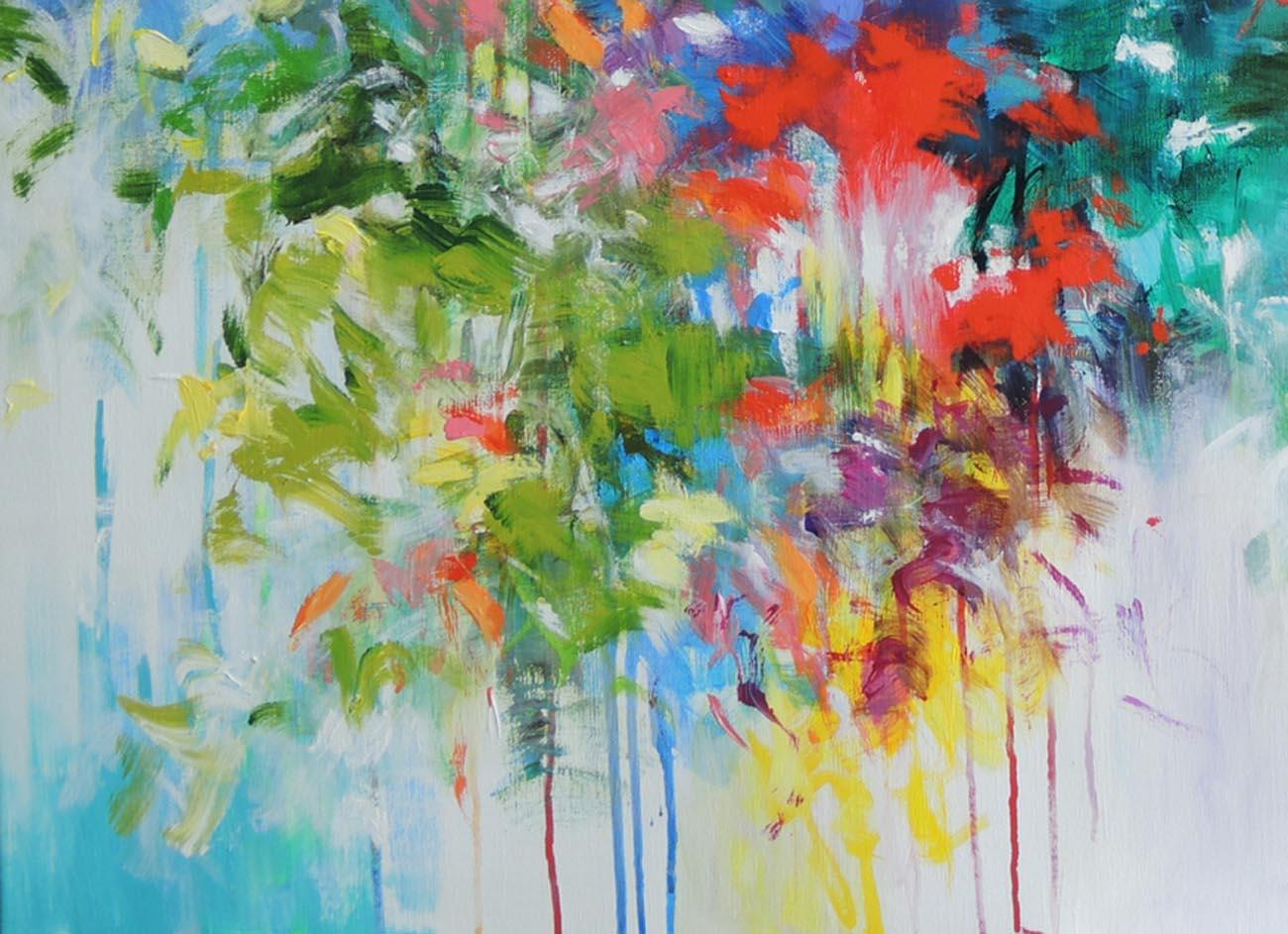 Through the mist of my memory 2, colourful flowers , red, blue , contemporary  (Zeitgenössisch), Painting, von Mary Chaplin