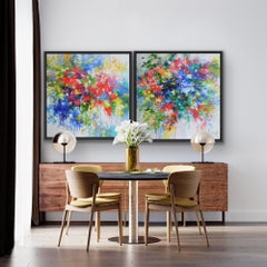 Through the Mist of My Memory, Expressionist Style Red and Blue Floral Painting