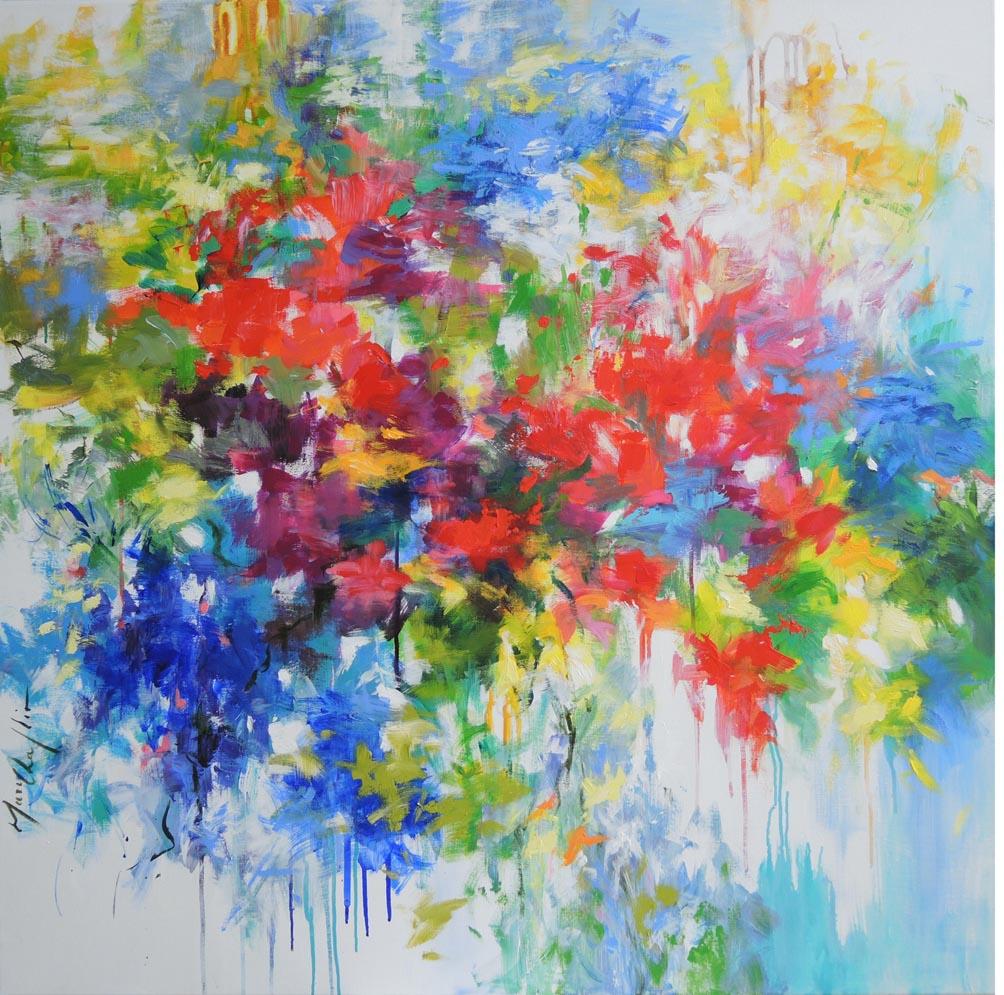 Through the mist of my memory, vibrant, colourful flowers garden, large painting - Painting by Mary Chaplin