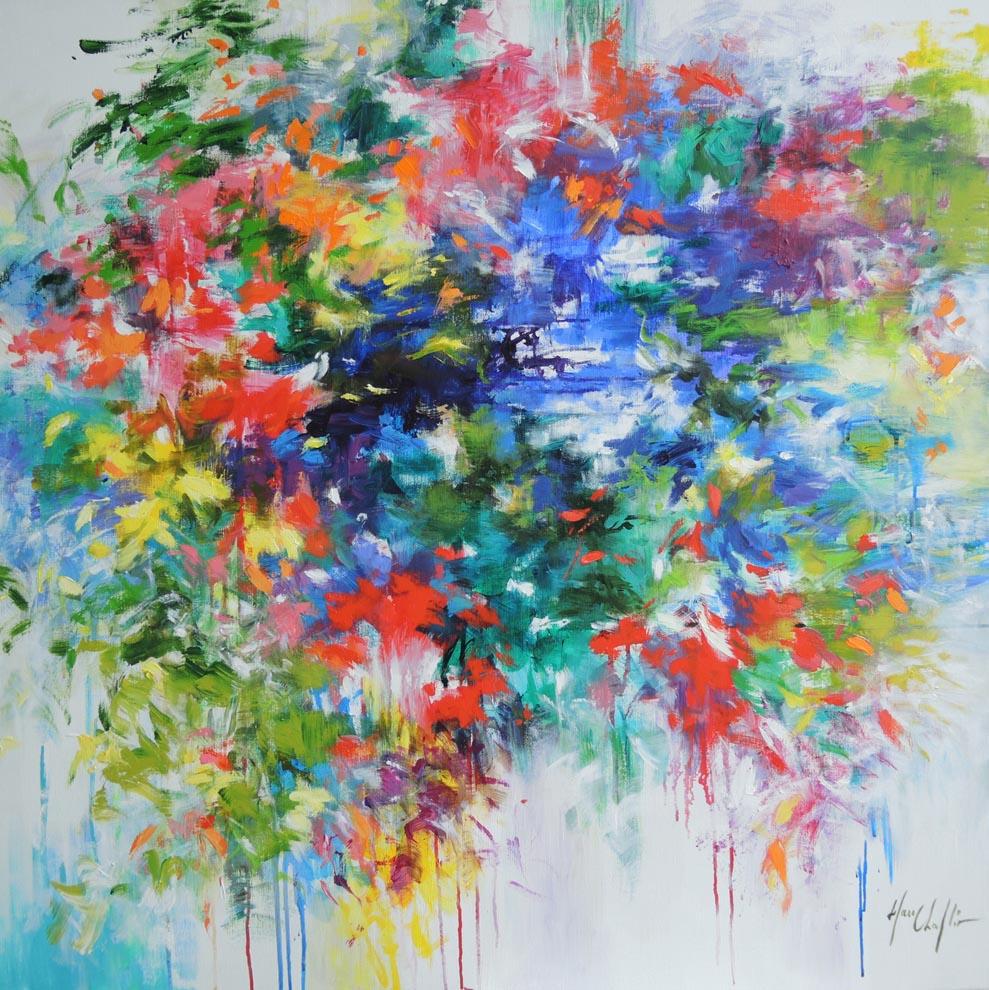 Durch den Nebel meines Gedächtnisses, lebendiger, farbenfroher Blumengarten, großes Gemälde (Abstrakter Impressionismus), Painting, von Mary Chaplin