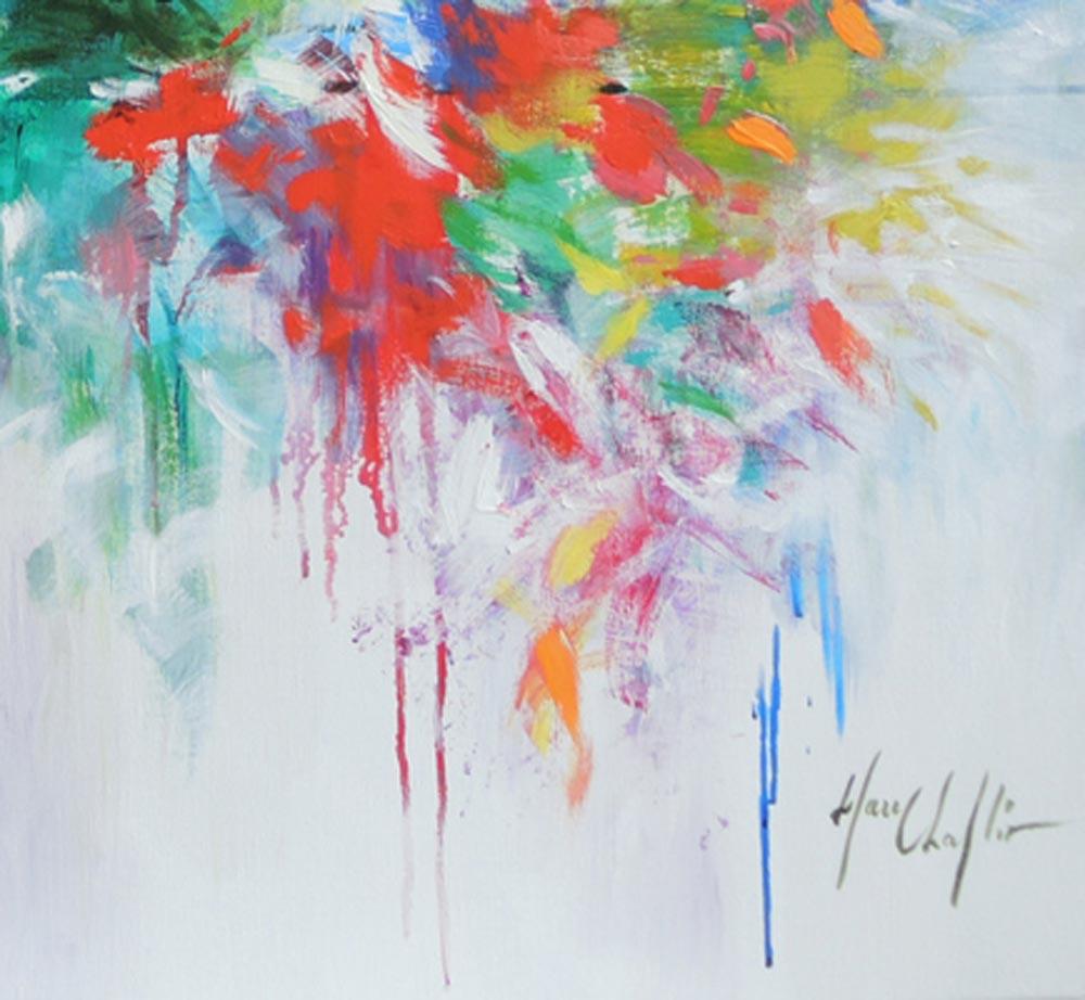 Durch den Nebel meines Gedächtnisses, lebendiger, farbenfroher Blumengarten, großes Gemälde (Grau), Abstract Painting, von Mary Chaplin