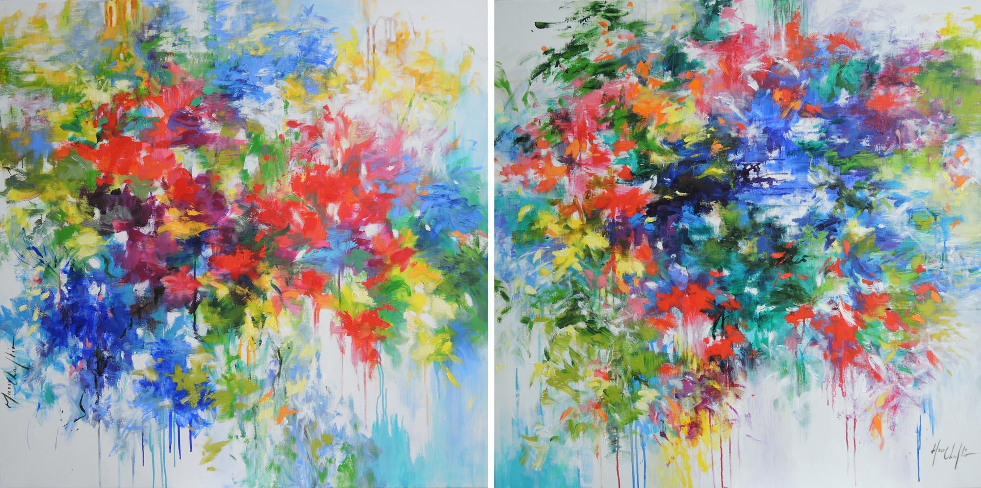 Through the mist of my memory, vibrant, colourful flowers garden, large painting