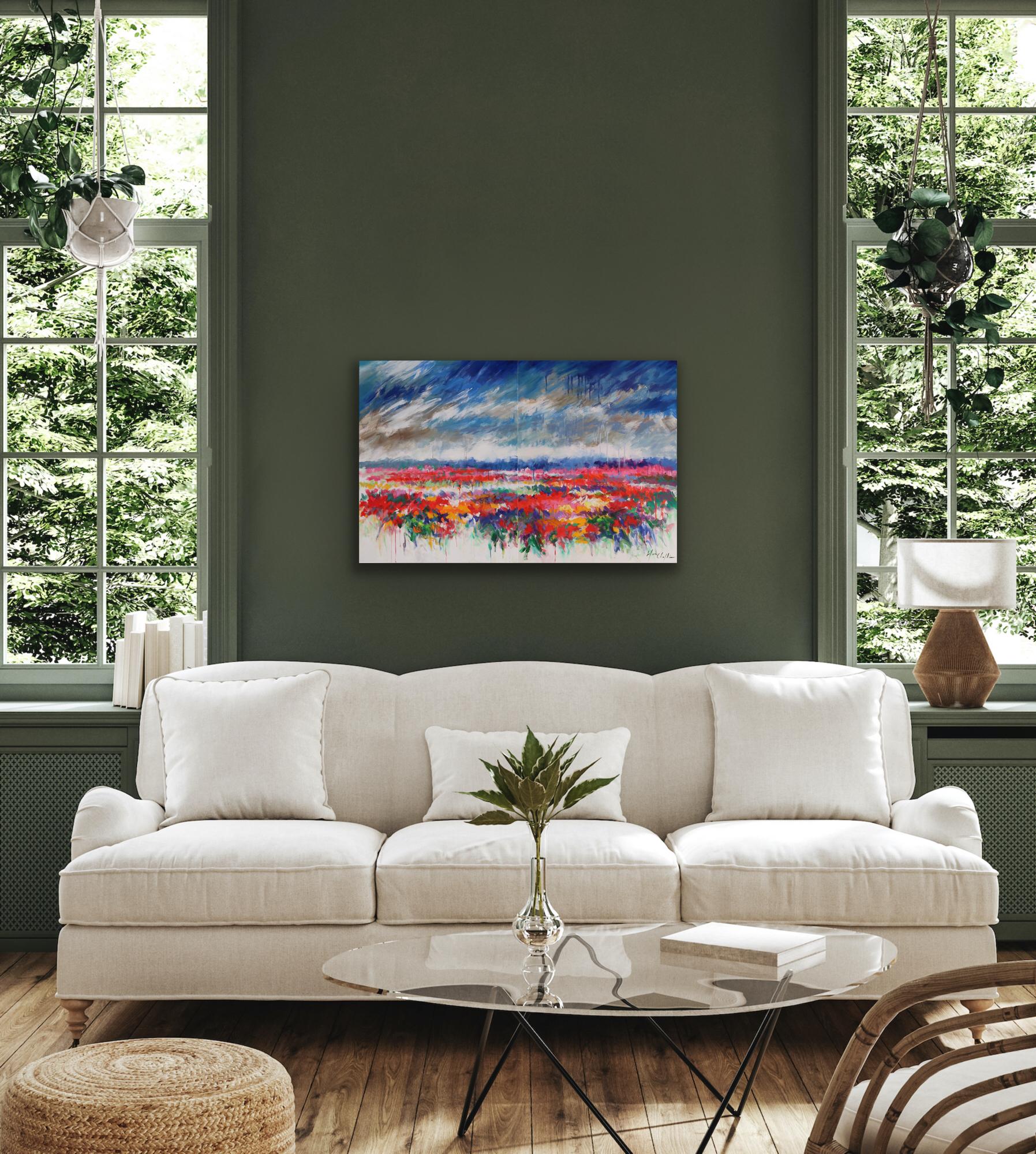 Waiting for the Sun, Diptych, Bold Abstract Landscape Painting, Floral Art - Gray Abstract Painting by Mary Chaplin